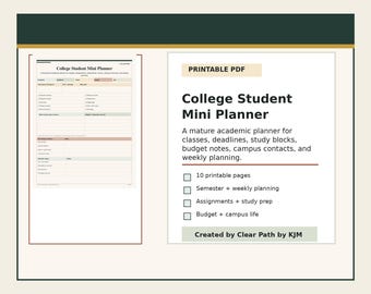 College Student Mini Planner Printable, Academic Planner PDF, Assignment Tracker, Study Planner, Budget Planner, Campus Life Organizer
