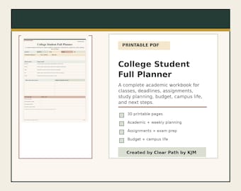 College Student Full Planner Printable, Academic Planner PDF, Assignment Tracker, Study Planner, Budget Planner, Campus Life Organizer