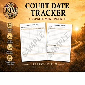 Könnte beinhalten: Ein Mini-Pack mit zwei Seiten mit dem Titel "Court Date Tracker" mit einer druckbaren PDF-Option und einem Sofort-Download. Die Seiten enthalten Abschnitte zur Verfolgung von Gerichtsterminen, Notizen und nächsten Schritten. Das Design zeigt ein Logo mit Schmetterlingen.