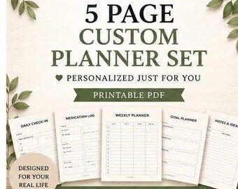 5 Page Custom Planner Set, Made to Order Printable PDF, Personalized Trackers