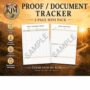 Peut inclure: Un document de suivi de documents en mini-pack de deux pages avec le texte "PROOF / DOCUMENT TRACKER" et "NOTES / NEXT STEPS". Le document a un filigrane d'échantillon. Le document est un PDF imprimable et est destiné aux tribunaux et à la conformité.