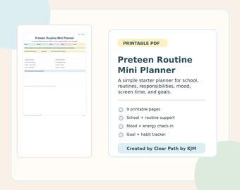 Preteen Routine Mini Planner Printable, Tween School Planner, Chore Chart, Homework Tracker, Mood Check-In, Goal Tracker PDF