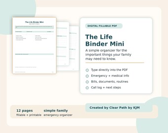 The Life Binder Mini | Digital Fillable PDF Organizer | Emergency Binder, Medical Info, Family Planner, Important Documents Tracker