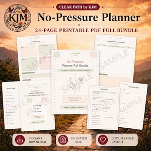 Puede incluir: Un conjunto de páginas de planificador imprimibles con el texto "No-Pressure Planner Full Bundle" y "24-PAGE PRINTABLE PDF FULL BUNDLE." Las páginas tienen una paleta de colores suaves y neutros e incluyen secciones para la planificación diaria y recordatorios.