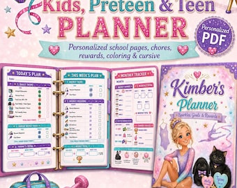Custom Kids Planner Printable, Personalized Child Preteen Teen Planner PDF, School Pages, Chore Chart, Routine Planner, Coloring Pages