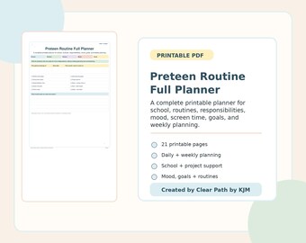 Preteen Routine Full Planner Printable, Tween School Planner, Homework Tracker, Chore Chart, Mood Check-In, Goal Tracker PDF