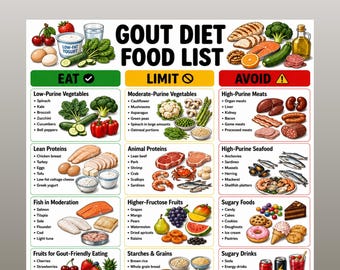 Gout Diet Food List Printable PDF,  Gout Diet Food Chart, Low Purine Foods for Gout & Uric Acid Levels, Gout-Friendly Grocery List