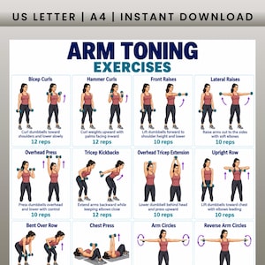 May include: A digital chart titled ARM TONING EXERCISES featuring illustrations of a person performing twelve different dumbbell movements. Each section includes the exercise name, step-by-step visual instructions, and repetition counts.