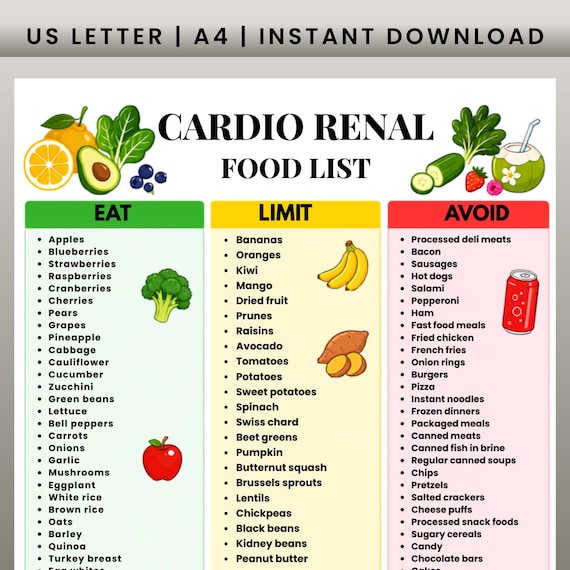 Cardio Renal Food List Printable, Eat Limit Avoid Chart, Heart Kidney Wellness Food Guide, Kidney Heart Diet, Cardiac Renal Nutrition PDF