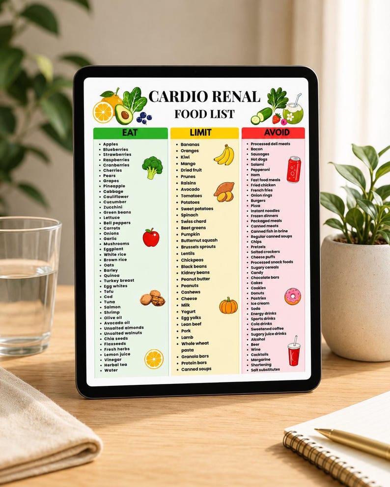 May include: A digital tablet displaying a Cardio Renal Food List with three color-coded columns: green for Eat, yellow for Limit, and red for Avoid. The chart includes bulleted lists of various food items and small illustrations of fruits and vegetables.