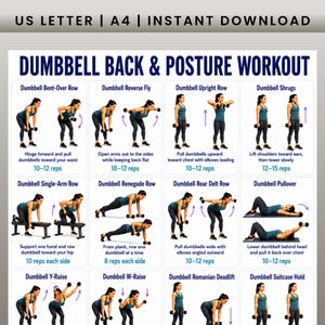 May include: A digital workout chart titled DUMBBELL BACK & POSTURE WORKOUT featuring twelve exercise illustrations with instructions and rep counts. The text US LETTER | A4 | INSTANT DOWNLOAD appears at the top of this white instructional poster.