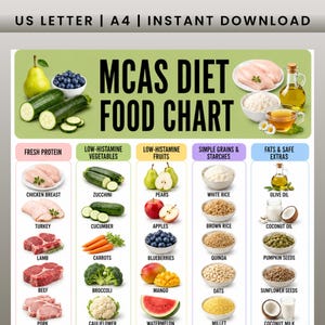 May include: A digital MCAS diet food chart featuring categorized lists of fresh protein, low-histamine vegetables, low-histamine fruits, simple grains, starches, fats, and safe extras with corresponding food illustrations and text labels.