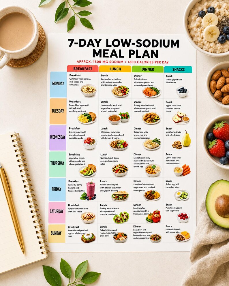 May include: A 7-day low-sodium meal plan chart featuring a grid layout with daily breakfast, lunch, dinner, and snack suggestions. The document includes text headers, color-coded rows for each day of the week, and small food illustrations.