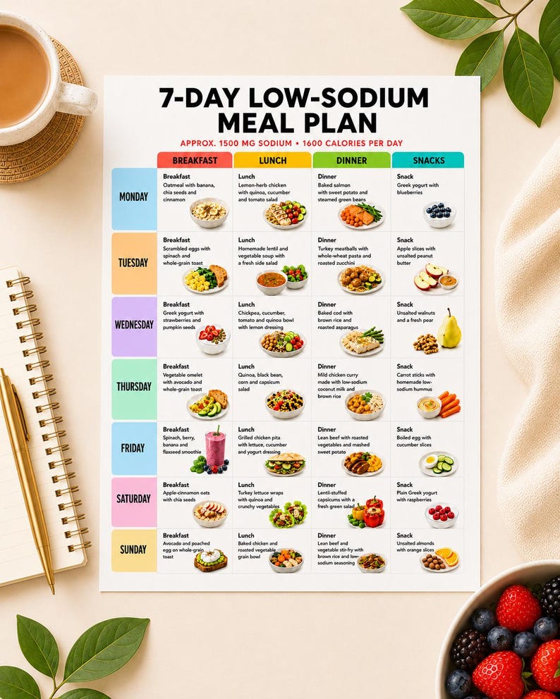 May include: A 7-day low-sodium meal plan chart featuring a grid layout with daily breakfast, lunch, dinner, and snack options. The document includes text headers, color-coded columns, and small food illustrations for each meal, totaling 1500 mg sodium and 1600 calories per day.