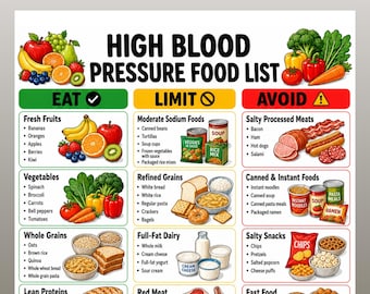 High Blood Pressure Food List Printable, Eat Limit Avoid Chart, Low Sodium Grocery List, DASH Diet Heart Healthy Foods PDF