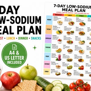 May include: A 7-day low-sodium meal plan chart featuring a weekly schedule with breakfast, lunch, dinner, and snack options. The document includes text stating A4 & US Letter included, with colorful icons and food illustrations throughout the grid.