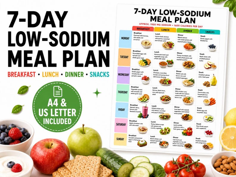May include: A 7-day low-sodium meal plan chart featuring a weekly schedule with breakfast, lunch, dinner, and snack options. The document includes text stating A4 & US Letter included, with colorful icons and food illustrations throughout the grid.