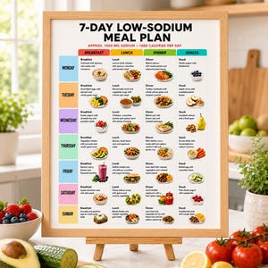 May include: A framed 7-day low-sodium meal plan chart with a light wood frame. The chart features a grid layout with days of the week, meal categories, and daily food illustrations, noting approximately 1500 mg sodium and 1600 calories per day.