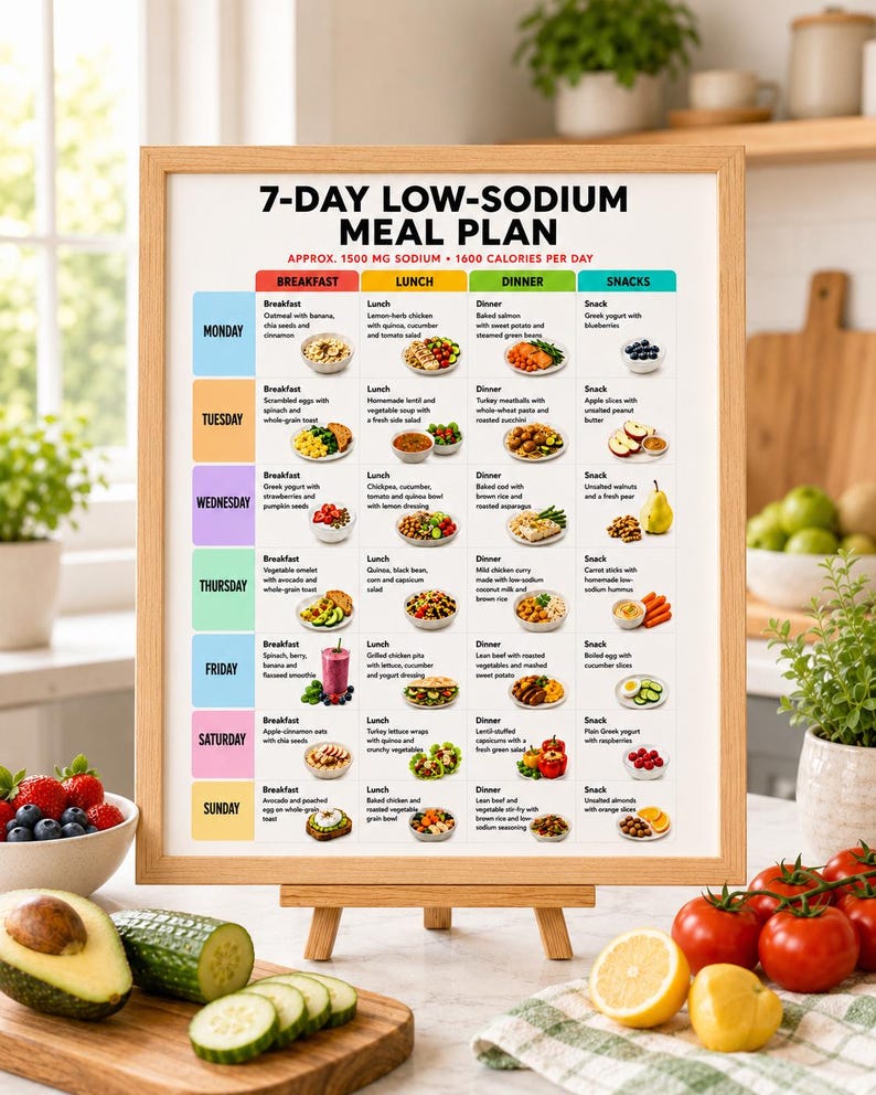 May include: A framed 7-day low-sodium meal plan chart with a light wood frame. The chart features a grid layout with days of the week, meal categories, and daily food illustrations, noting approximately 1500 mg sodium and 1600 calories per day.