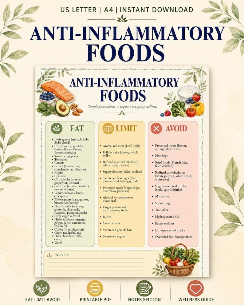 Anti Inflammatory Foods Chart Printable, Foods to Eat and Avoid List ...