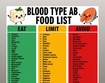 Blood Type AB Food List Printable, Eat Limit Avoid Chart, AB Diet Grocery List, Blood Type AB Diet Foods, Blood Type ab Meal Planning