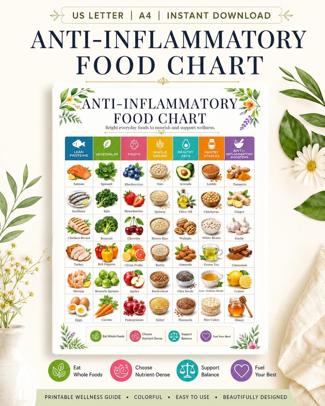 Anti Inflammatory Food Chart Printable, Gut Health Food List, Clean ...