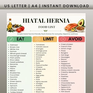Hiatal Hernia Food List Printable, Eat Limit Avoid Chart, Reflux Friendly Food Guide, Clean Food Chart, Digestive Wellness PDF