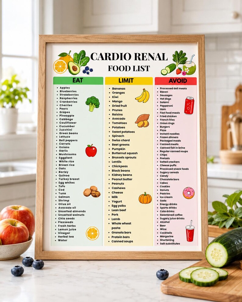 Cardio Renal Food List Printable, Eat Limit Avoid Chart, Heart Kidney Wellness Food Guide, Kidney Heart Diet, Cardiac Renal Nutrition PDF image 2