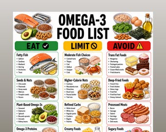 Omega-3 Food List Printable, Omega 3 Foods List, Heart Healthy Food List PDF, High Omega 3 Grocery List Foods, Omega-3 Rich Foods PDF