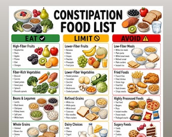 Constipation Food List Printable, High Fiber Foods Chart, Gut Health Foods Eat Limit PDF, High Fiber Diet Chart, Bowel Movement Grocery List