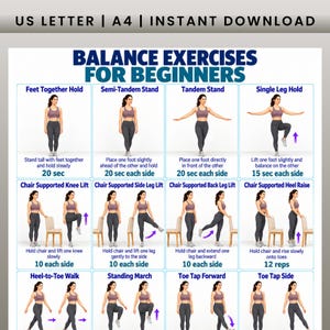 Peut inclure: Un tableau numérique intitulé Balance Exercises for Beginners présentant douze illustrations d'une personne en débardeur violet et legging gris effectuant divers exercices d'équilibre avec des instructions et durées pour chaque mouvement.