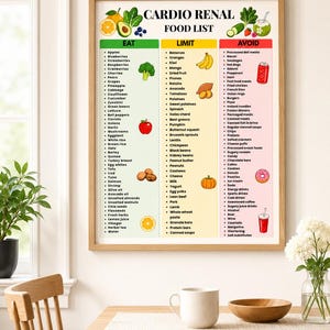 May include: A framed wall poster titled CARDIO RENAL FOOD LIST, organized into three vertical columns labeled EAT, LIMIT, and AVOID. The chart features colorful illustrations of fruits, vegetables, and food items alongside bulleted lists of dietary recommendations.