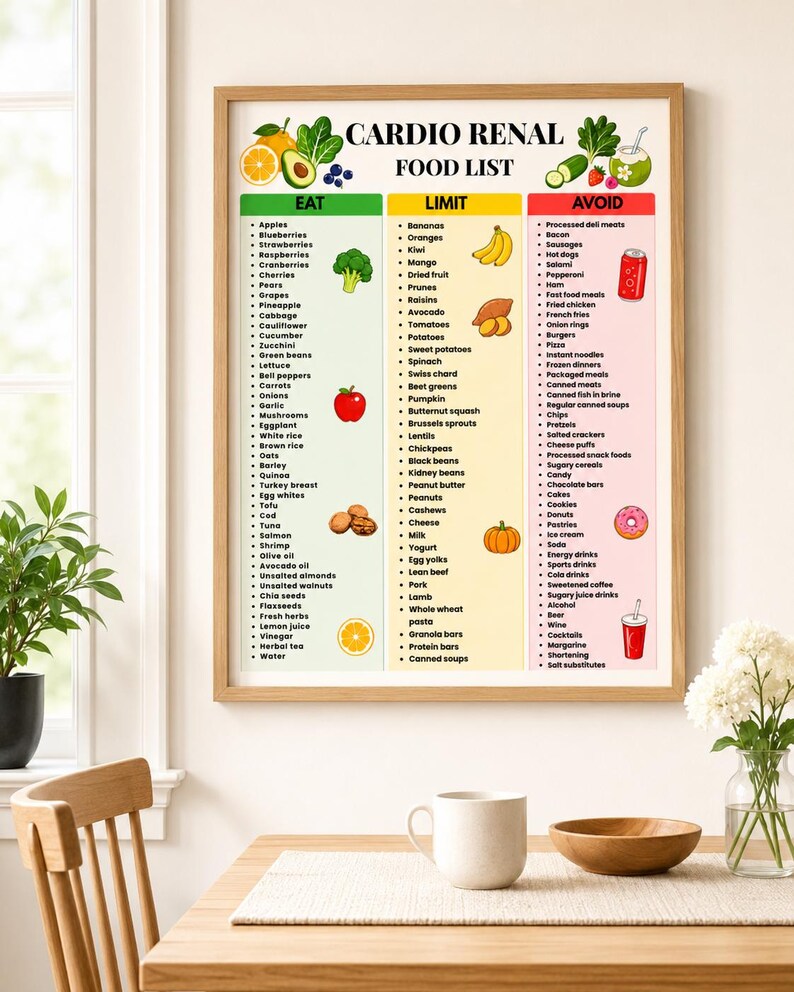 May include: A framed wall poster titled CARDIO RENAL FOOD LIST, organized into three vertical columns labeled EAT, LIMIT, and AVOID. The chart features colorful illustrations of fruits, vegetables, and food items alongside bulleted lists of dietary recommendations.