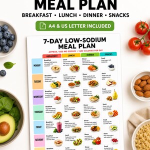May include: A 7-day low-sodium meal plan chart featuring breakfast, lunch, dinner, and snack options for each day of the week. The document includes text stating 1500 mg sodium and 1600 calories per day, with A4 and US letter sizes included.
