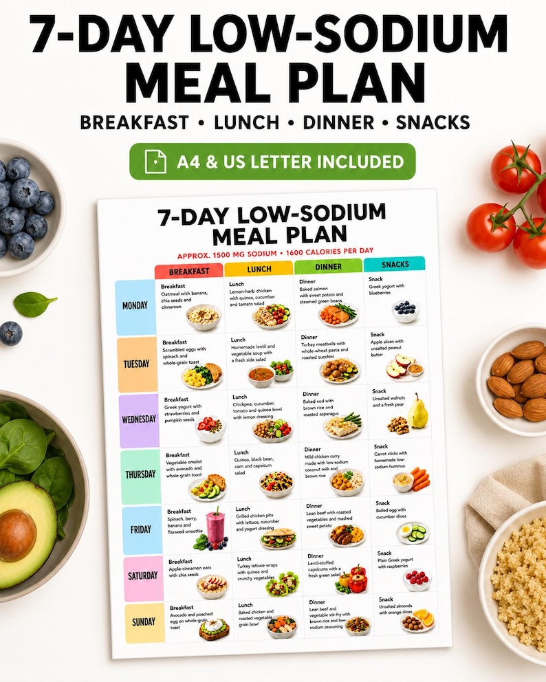 May include: A 7-day low-sodium meal plan chart featuring breakfast, lunch, dinner, and snack options for each day of the week. The document includes text stating 1500 mg sodium and 1600 calories per day, with A4 and US letter sizes included.