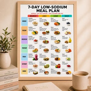 May include: A framed 7-day low-sodium meal plan chart with a grid layout. The document lists daily breakfast, lunch, dinner, and snack options with small food illustrations for each day of the week, noting approximately 1500 mg sodium and 1600 calories per day.