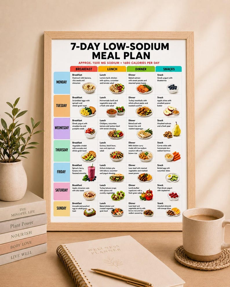 May include: A framed 7-day low-sodium meal plan chart with a grid layout. The document lists daily breakfast, lunch, dinner, and snack options with small food illustrations for each day of the week, noting approximately 1500 mg sodium and 1600 calories per day.