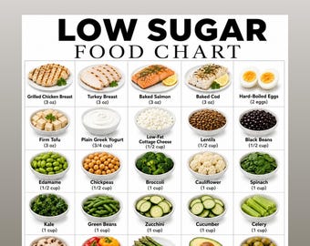 Low Sugar Food Chart Printable, Low Sugar Foods Guide, Healthy Snack Ideas, , Diabetic Food List, Pre Diabetes Food List PDF