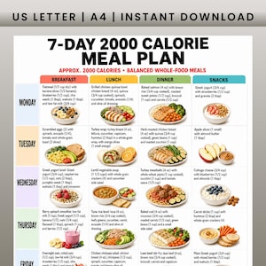 May include: A 7-day 2000 calorie meal plan chart featuring a grid layout with columns for breakfast, lunch, dinner, and snacks. The document includes text for daily meals from Monday to Friday, accompanied by images of food items like oatmeal, salads, and cooked proteins.