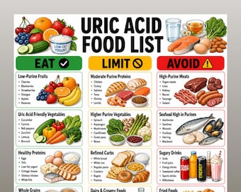 Uric Acid Food List Printable, Gout Diet Food Chart, Eat Limit Avoid Foods Guide, Low Purine Food Chart, Gout Friendly Diet Foods PDF