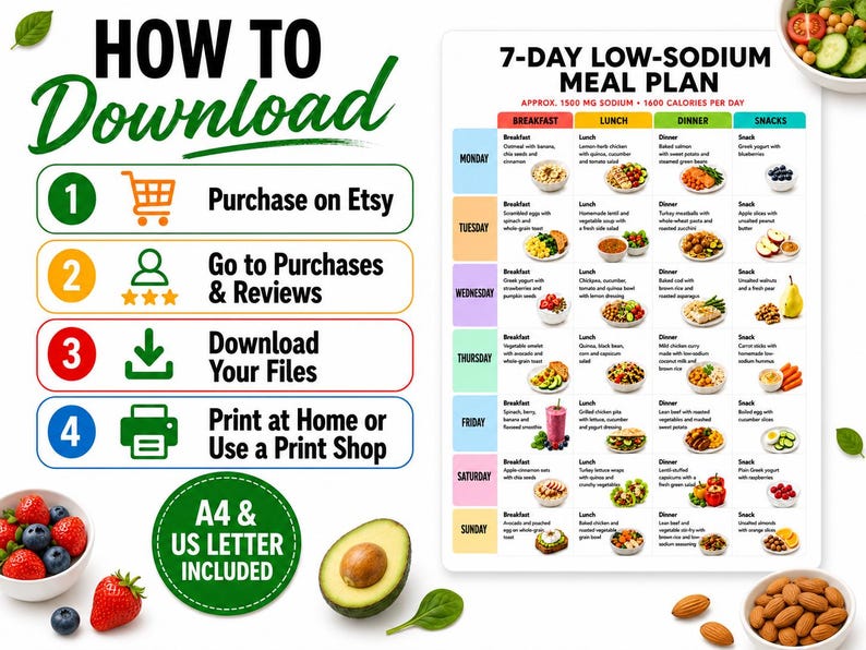 May include: A digital 7-day low-sodium meal plan chart with daily breakfast, lunch, dinner, and snack options. The graphic includes a four-step how-to-download guide, icons for purchasing and printing, and text indicating A4 and US letter sizes.