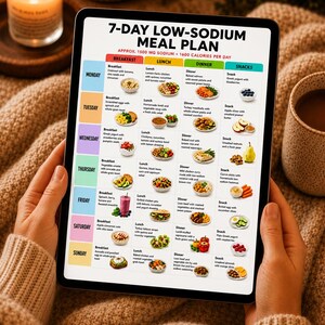 May include: A digital tablet displaying a 7-day low-sodium meal plan with approximately 1500 mg of sodium and 1600 calories per day. The chart features a grid layout with color-coded columns for breakfast, lunch, dinner, and snacks for each day.