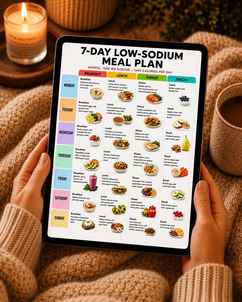 May include: A digital tablet displaying a 7-day low-sodium meal plan with approximately 1500 mg of sodium and 1600 calories per day. The chart features a grid layout with color-coded columns for breakfast, lunch, dinner, and snacks for each day.