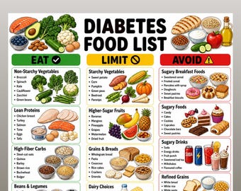 Diabetes Food List Printable, Diabetic Friendly Grocery List, Eat Limit Avoid, Low Glycemic Index Foods, Low Carb Foods, Type 2 Diabetes PDF