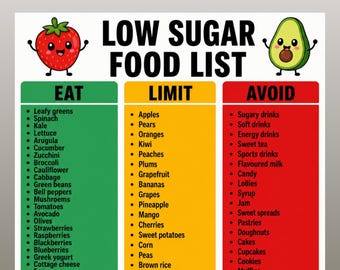Low Sugar Food List Printable, Eat Limit Avoid Chart, Grocery List for Diabetes, PCOS, Prediabetes & Low Carb Diet, Carb Conscious PDF