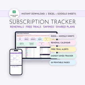 May include: A digital subscription tracker for Excel and Google Sheets featuring a laptop and smartphone displaying a dashboard and calendar. Text includes SUBSCRIPTION TRACKER, RENEWALS, FREE TRIALS, SAVINGS, SHARED PLANS, and 20 PRINTABLE PAGES.