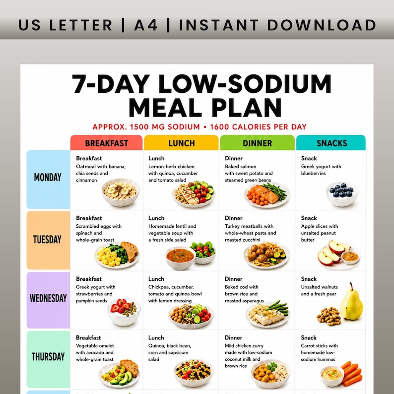 May include: A 7-day low-sodium meal plan chart featuring daily breakfast, lunch, dinner, and snack options. The grid includes text descriptions of meals like oatmeal, lemon-herb chicken, and baked salmon, accompanied by small food photographs.