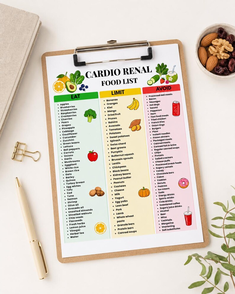 May include: A clipboard displaying a Cardio Renal Food List with three columns labeled Eat, Limit, and Avoid. The document features colorful illustrations of fruits and vegetables, categorized lists of food items, and a clean, organized layout for dietary guidance.