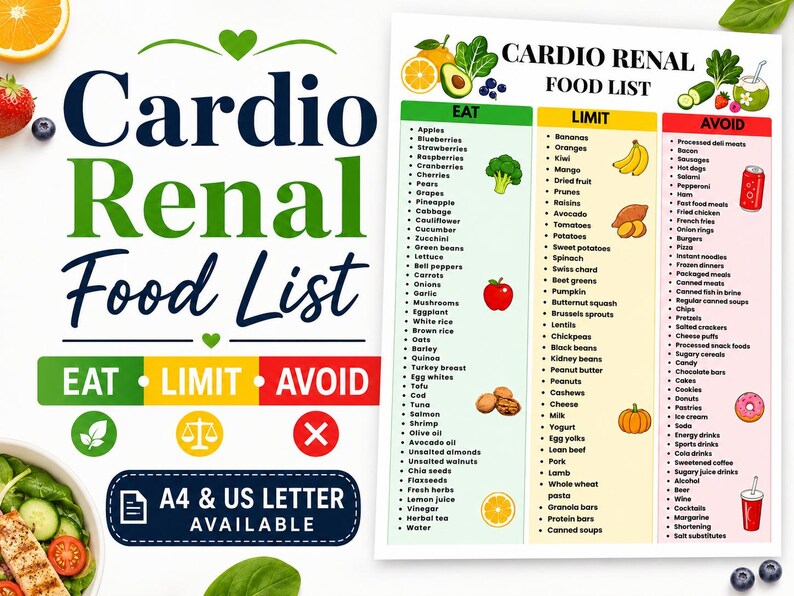 May include: A Cardio Renal Food List chart featuring three color-coded columns labeled Eat, Limit, and Avoid. The document includes lists of food items with corresponding icons, the text A4 & US LETTER AVAILABLE, and a salad bowl in the corner.