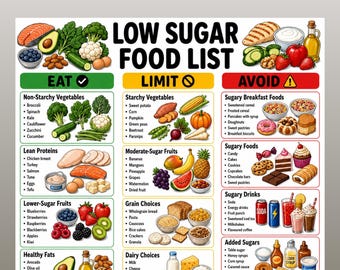 Low Sugar Food List Printable, No Added Sugar Grocery List, Grocery List for Diabetes, PCOS, Prediabetes & Low Carb Diet, Carb Conscious PDF
